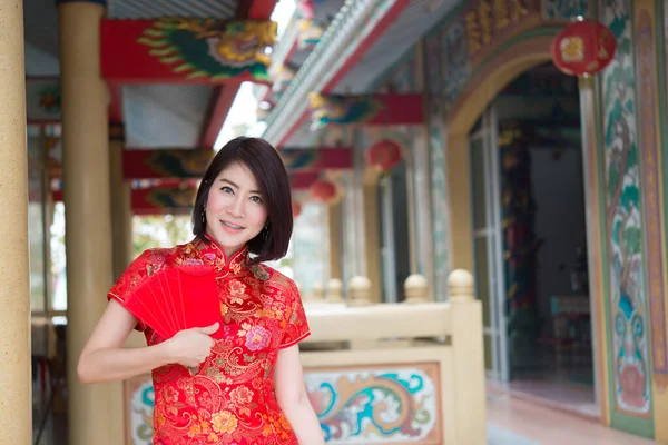 Portrét Krásné Asijské Ženy Cheongsam Šaty Thajsko Lidé Šťastný Čínský — Stock fotografie