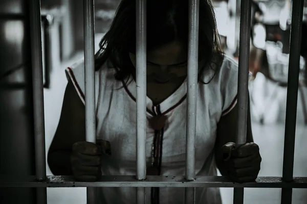 Portrait Woman Desperate Catch Iron Prison Prisoner Concept — Stock Photo, Image