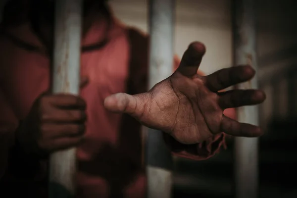 Χέρια Ανδρών Απελπισμένων Πιάσουν Την Σιδερένια Φυλακή Την Έννοια Του — Φωτογραφία Αρχείου