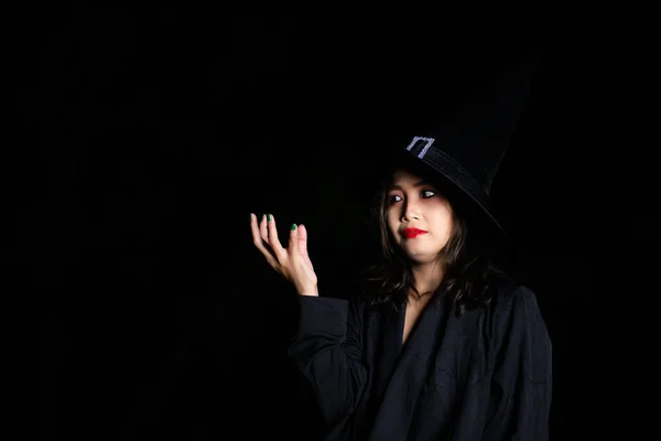 Portrait Beautiful Asian Woman Wear Witch Costume Black Background Thailand — ストック写真