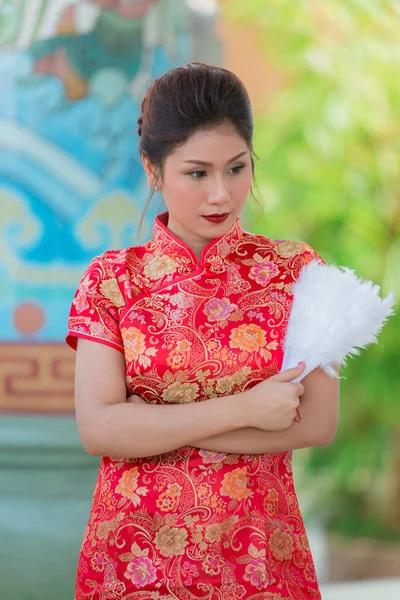 Retrato Hermosa Mujer Asiática Vestido Cheongsam Tailandia Personas Concepto Feliz —  Fotos de Stock