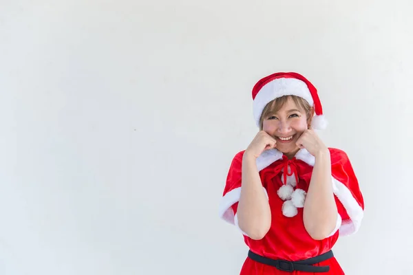 Bela Jovem Ásia Mulher Santa Claus Roupas Branco Fundo — Fotografia de Stock