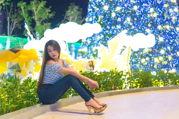 Night Portrait Beautiful Asian Woman Thailand Girl Pose Take Photo — Stock Photo, Image