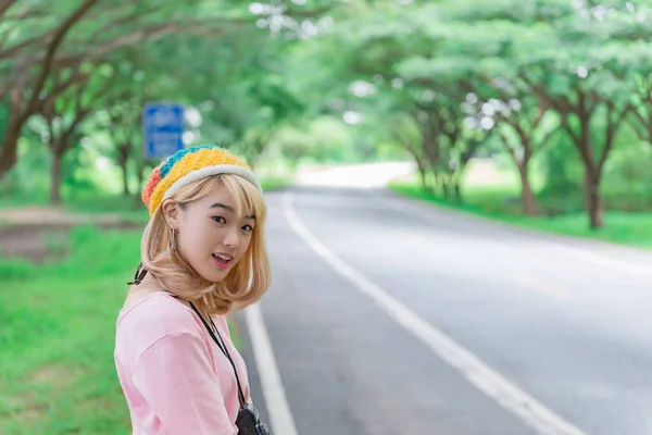 Portrait Beautiful Asian Girl Golden Hair Camera Thailand People Pink — Stock Photo, Image