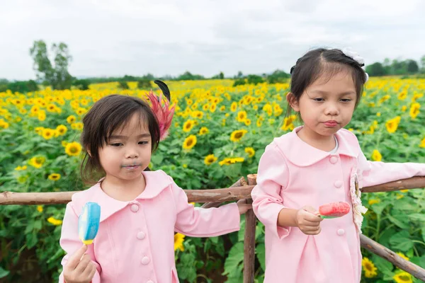 两个孩子在阳光灿烂的阳光下在向日葵地里吃冰淇淋 — 图库照片