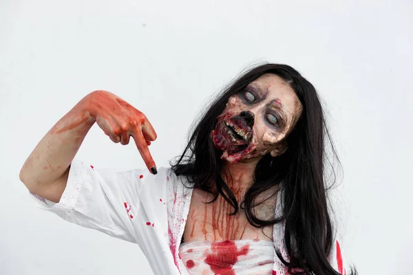 Portrait Asian Woman Make Ghost Face Blood White Background Horror — Stock Photo, Image