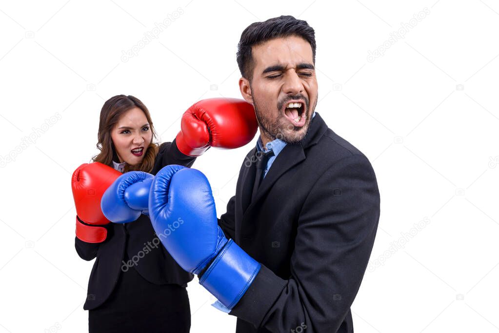 Business people boxing concept, woman hit man on white background