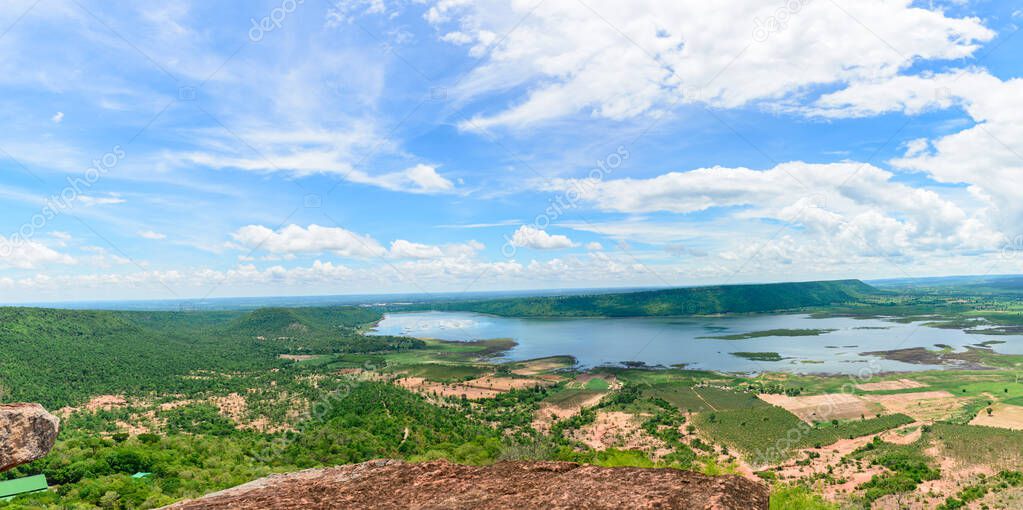 View of long dam from high mountain with beautiful sky with cloud,thailand,nakhonratchasima,khonburi