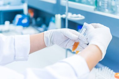 Bilim adamı deneyden önce kimyasalları sallama makinesiyle karıştırdı. Laboratuvarda çalışan Tayland 'lı bilim adamı test tüplerine numuneler karıştırdı.