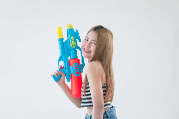 Asian Beautiful Woman Gun Water Hand White Background Festival Songkran — Stockfoto