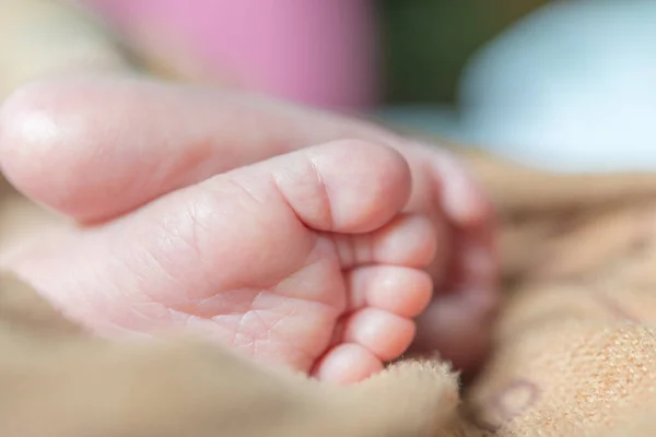 Closeup Feet Baby Lying Bed Daylight — Stock Photo, Image