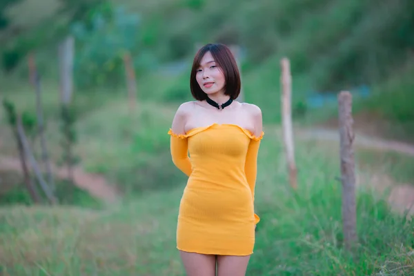 Retrato Hermosa Mujer Asiática Llevar Vestido Amarillo Campo Tailandia Personas —  Fotos de Stock