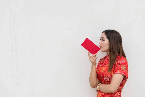 Frohes Chinesisches Neues Jahr Porträt Einer Asiatischen Frau Hat Roten — Stockfoto
