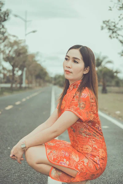 Happy Chinese New Year Asian Woman Wearing Traditional Cheongsam Clothes — Stock Photo, Image