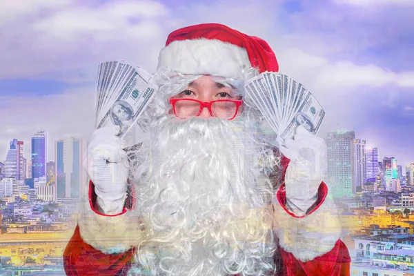 Dubbele Blootstelling Kerstman Heeft Veel Geld Dollar — Stockfoto