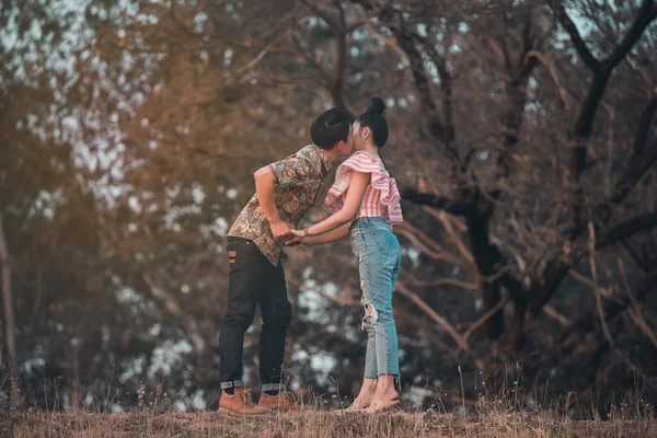 Picture Asian Couple Love Have Fun Park Happy People Concept — Stock Photo, Image