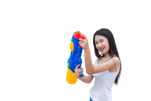 Mujer Asiática Con Pistola Agua Mano Sobre Fondo Blanco Festival — Foto de Stock