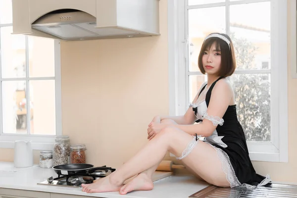 Porträtt Vacker Asiatisk Sexig Kvinna Köket Thailand Människor Pose För — Stockfoto