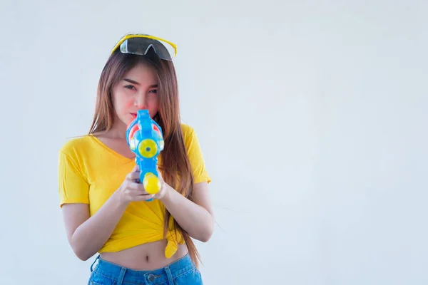 Asian Woman Water Hand White Background Festival Songkran Day Thailand — стокове фото