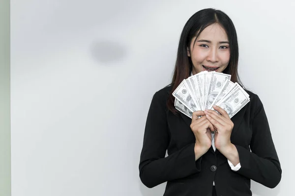 Homem Negócios Feliz Com Monte Dinheiro Dólar Mão Fundo Branco — Fotografia de Stock