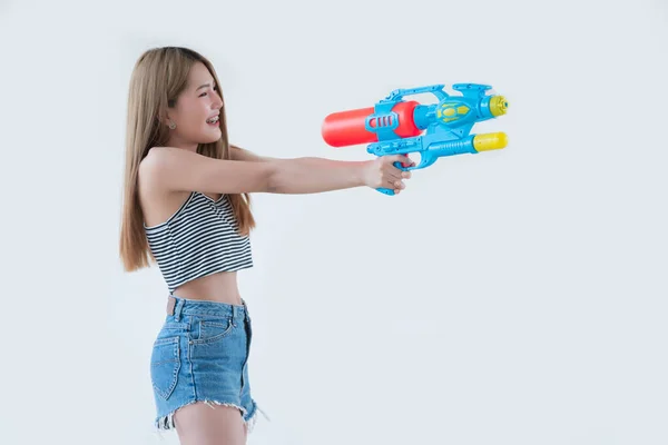 Asian Beautiful Woman Gun Water Hand White Background Festival Songkran — стокове фото