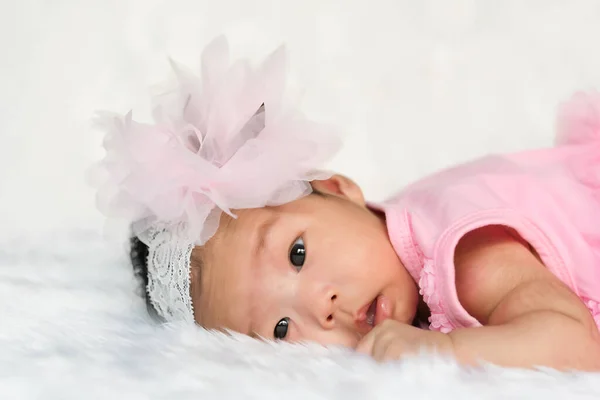 Closeup Cute Asian Baby Pink Dress Carpet Wool — Stock Photo, Image