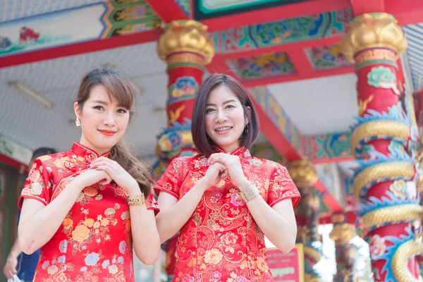 Portrait Two Beautiful Asian Women Cheongsam Dress Thailand People Happy — Stock Photo, Image