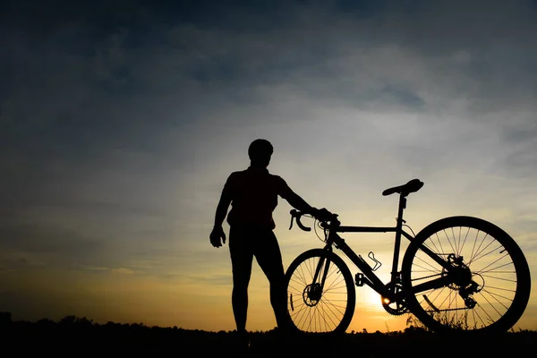 Silhouette Asian Handsome Man Bicycle Sunset — Stock Photo, Image