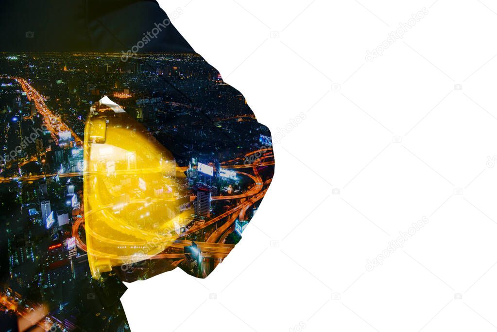 Double exposure of engineer with city scape night scene
