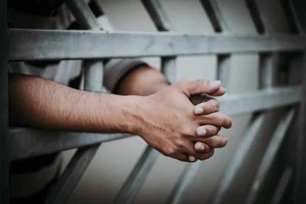 Hands Men Desperate Catch Iron Prison Prisoner Concept Thailand People — Stock Photo, Image