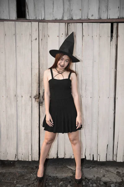 Asian Beautiful Woman Wear Black Dress Witch Hat Halloween Concept — Stock Photo, Image