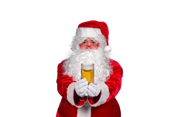 Święty Mikołaj Pokaż Szklankę Piwa Imprezie Las Noc Szczęśliwy Dzień — Zdjęcie stockowe