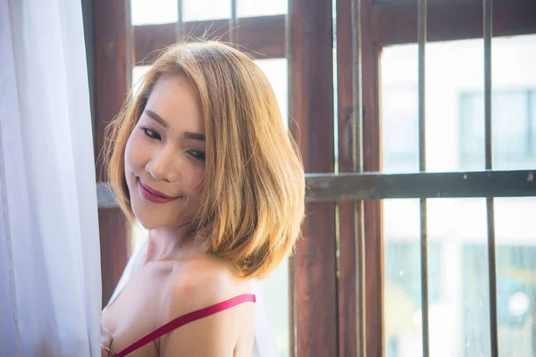 Porträt Der Schönen Asiatischen Sexy Frau Schlafzimmer Thailand — Stockfoto