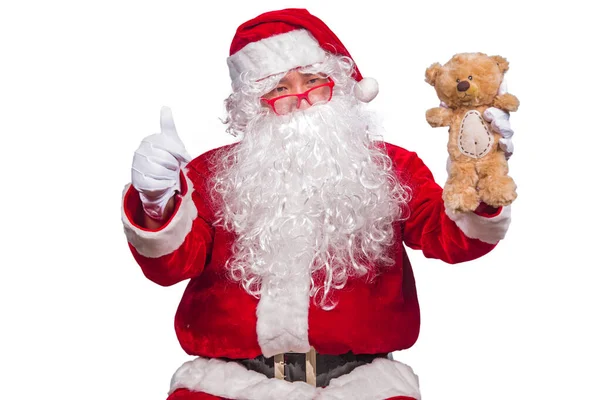 Retrato Santa Claus Com Ursinho Pelúcia Boneca Fundo Branco — Fotografia de Stock