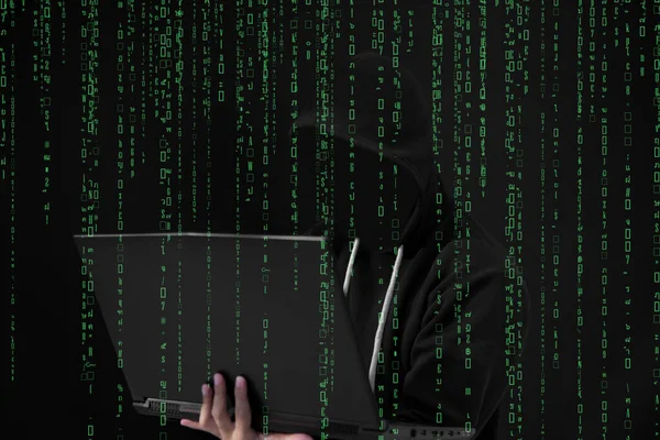 Asian Hacker Black Hood Black Background — Stock Photo, Image