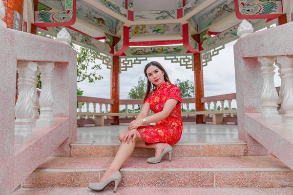 Feliz Ano Novo Chinês Mulher Asiática Vestindo Roupas Tradicionais Cheongsam — Fotografia de Stock