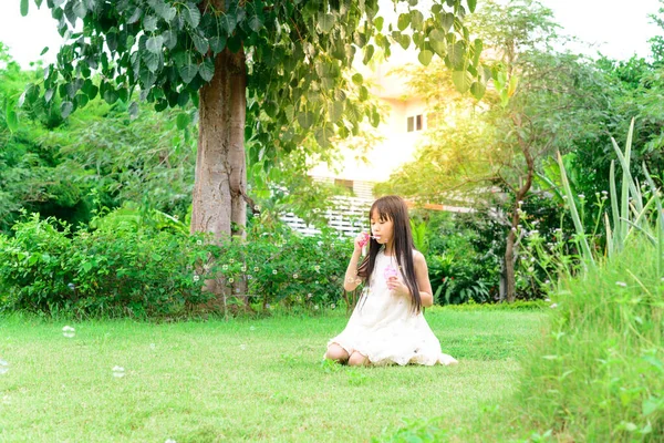Милая Маленькая Азиатская Девочка Играет Мыльными Пузырями — стоковое фото