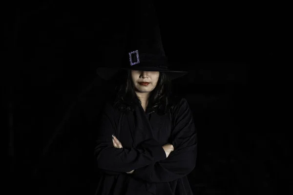 Portrait Beautiful Asian Woman Wear Witch Costume Black Background Thailand — Stock Photo, Image