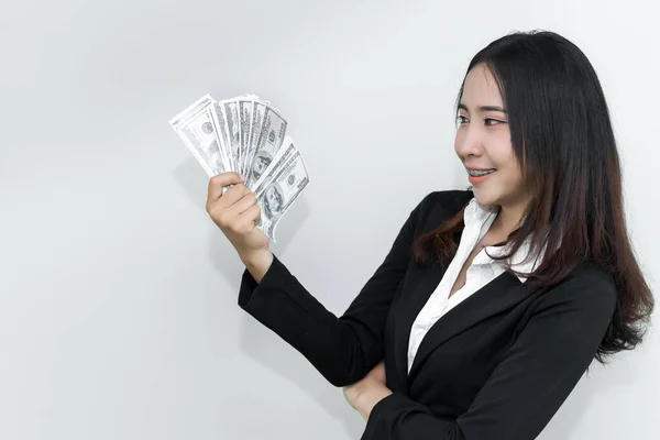 Homem Negócios Feliz Com Monte Dinheiro Dólar Mão Fundo Branco — Fotografia de Stock