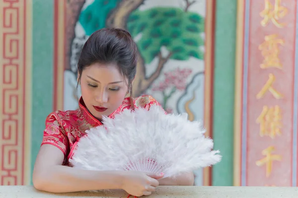 Porträt Einer Schönen Asiatin Cheongsam Kleid Thailändische Menschen Glückliches Chinesisches — Stockfoto