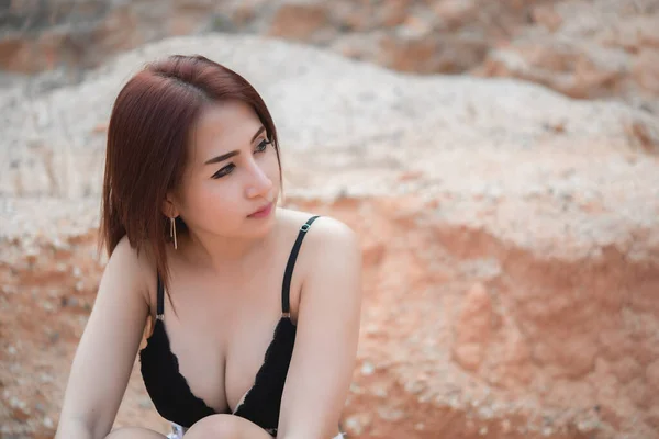Portrait Beautiful Sexy Woman Wear Bikini Field Evening Thailand People — Stock Photo, Image