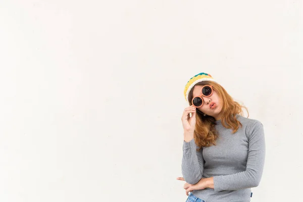 Portrait Hipster Girl White Wall Lifestyle Modern Teen Cool Hipster — Stock Photo, Image
