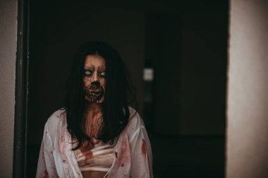 Asyalı kadın portresi kanla, korku sahnesiyle, korkunç geçmişiyle, Cadılar Bayramı posteriyle, Taylandlı insanlarla dolu.