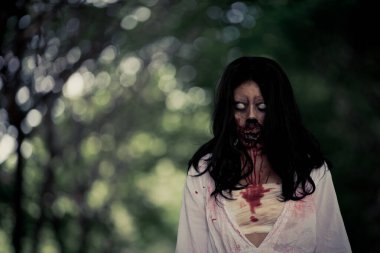 Asyalı kadın portresi kanla, korku sahnesiyle, korkunç geçmişiyle, Cadılar Bayramı posteriyle, Taylandlı insanlarla dolu.