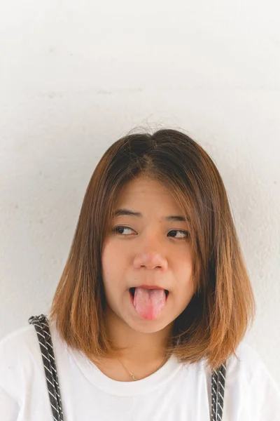 Portrait Asian Beautiful Girl Make Funny Face White Wall — Stok Foto