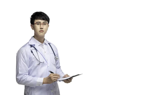 Retrato Jovem Médico Sexo Masculino Fundo Branco Homem Asiático Tailândia — Fotografia de Stock