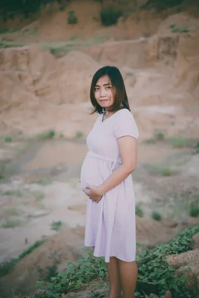 美丽的孕妇站在悬崖上的老式风格 电影色调 — 图库照片