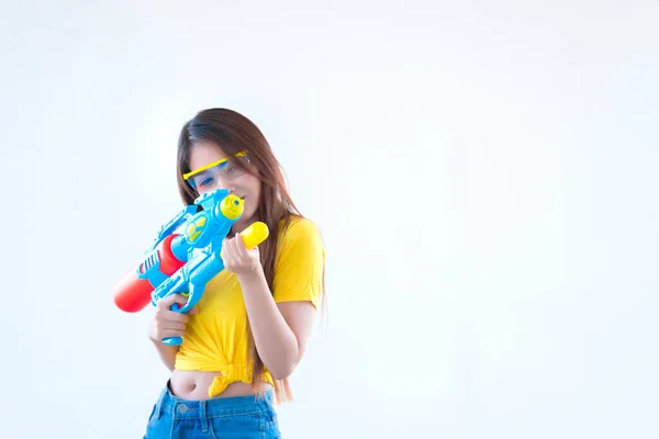 Mulher Asiática Com Água Mão Sobre Fundo Branco Festival Songkran — Fotografia de Stock