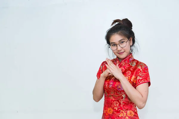 Portrait Beautiful Asian Woman Cheongsam Dress Happy Chinese New Year — Stok Foto