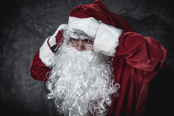 Papai Noel Segurando Saco Vermelho Feliz Natal Felicidade Para Crianças — Fotografia de Stock